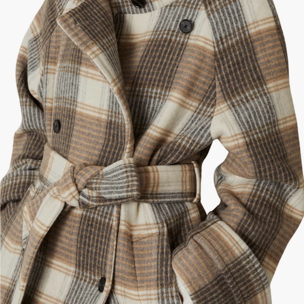 Reiss Plaid Belted Coat in Brown and Cream